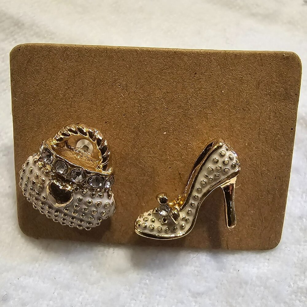 Shoe High Heel & Handbag Purse Earrings Stud Cream Colored Enamel Rhinestones
